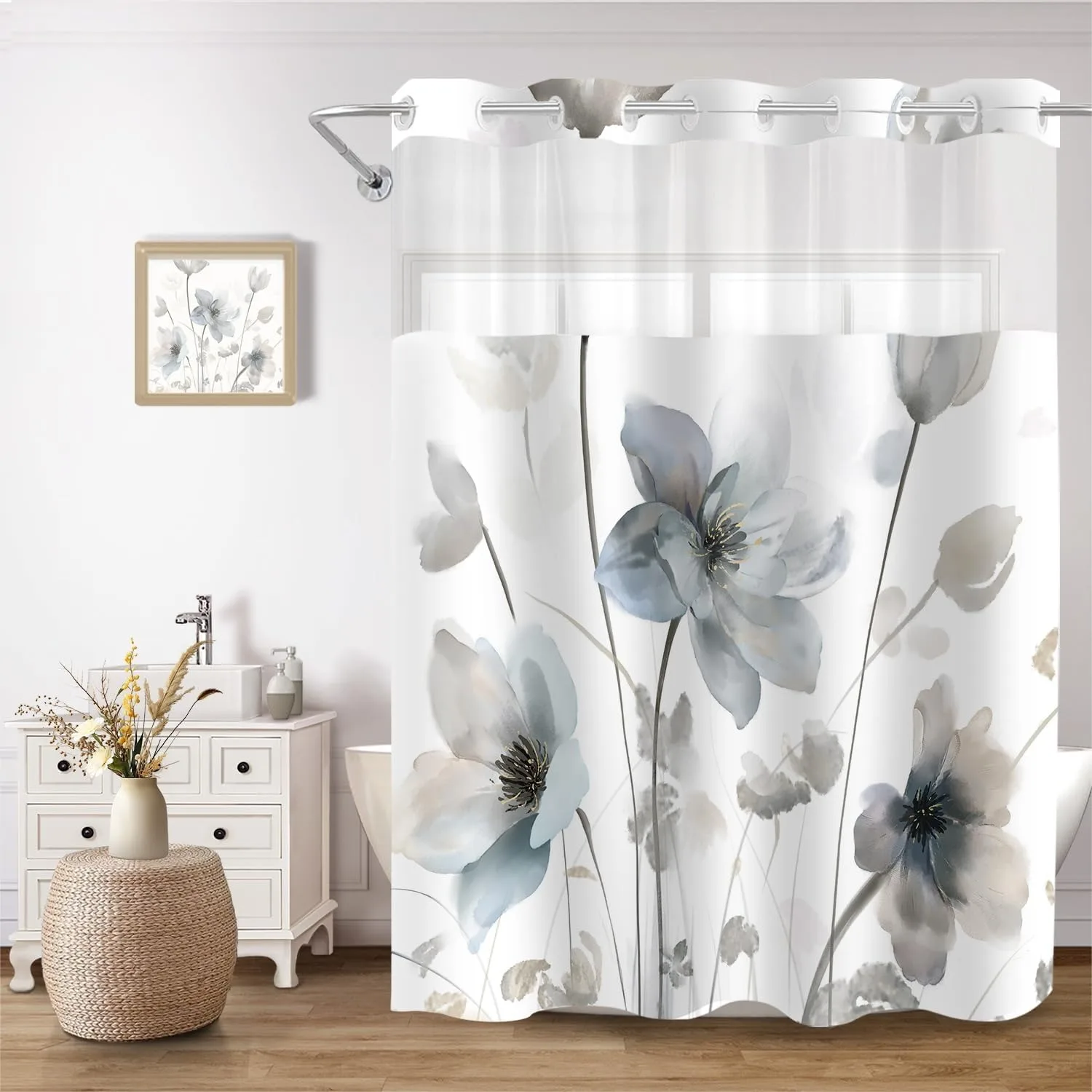 

No Hook Shower Curtain and Liner Set, Blue Grey Boho Floral Waterproof Bathroom Curtains with Snap in Liner, 71x74 Inch