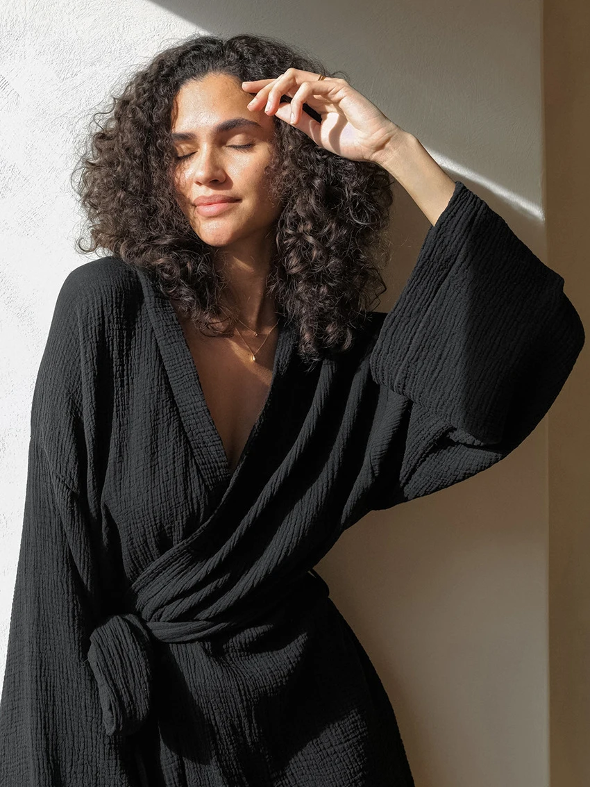Marthaqiqi Lente Katoenen Zwarte Vrouwelijke Badjas Lange Mouw Gewaad Sexy V-Hals Nachtkleding Casual Mini Jurk Losse Vrouwen Huiskleding