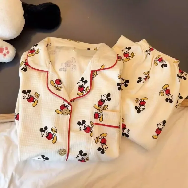 Disney Mickey female cute spring and autumn new fashion printed cartoon pattern waffle cotton casual cardigan home wear suit