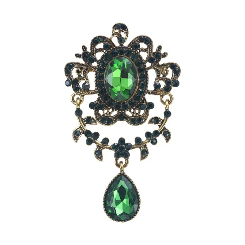 Vintage Baroque Brooch Gold Plated Green Crystal Jewelry Royal Palace Style Corsage Pin for Women's Dress Scarf Shawl Coat