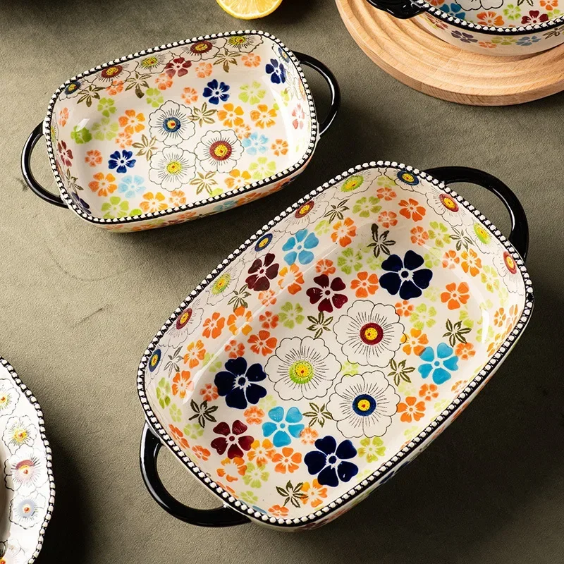 Hand-painted Relief Floral Ceramic Double Ear Baking Tray, Circular, Handle Bowl, Tableware, Fruit Salad Bowl, Kitchenware