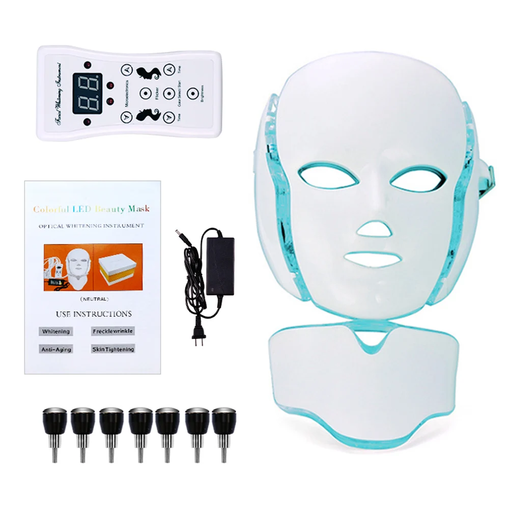 Máscara led de 7 cores com pescoço, lifting facial firme, terapia de luz led, rejuvenescimento da pele, dispositivo de beleza anti-acne, máscara facial