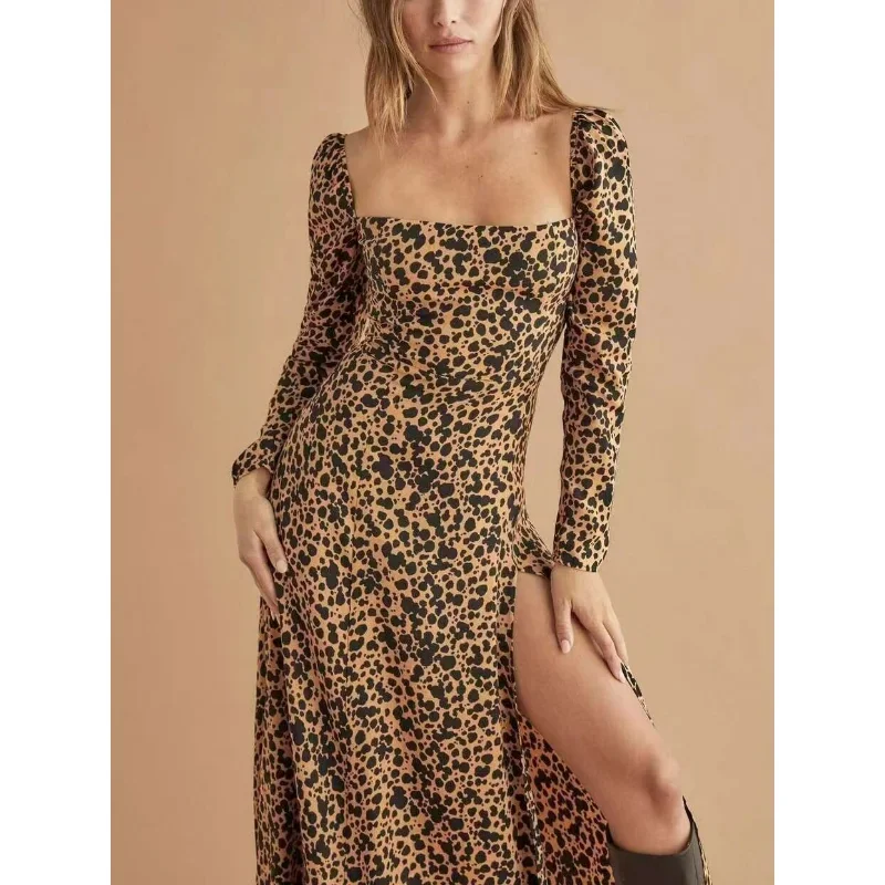 

New Arrivals 2024 Summer Top Quality Silk Sexy & Club Leopard Print Full Sleeve Square Collar Side Slit Woman Mid-Calf Dress