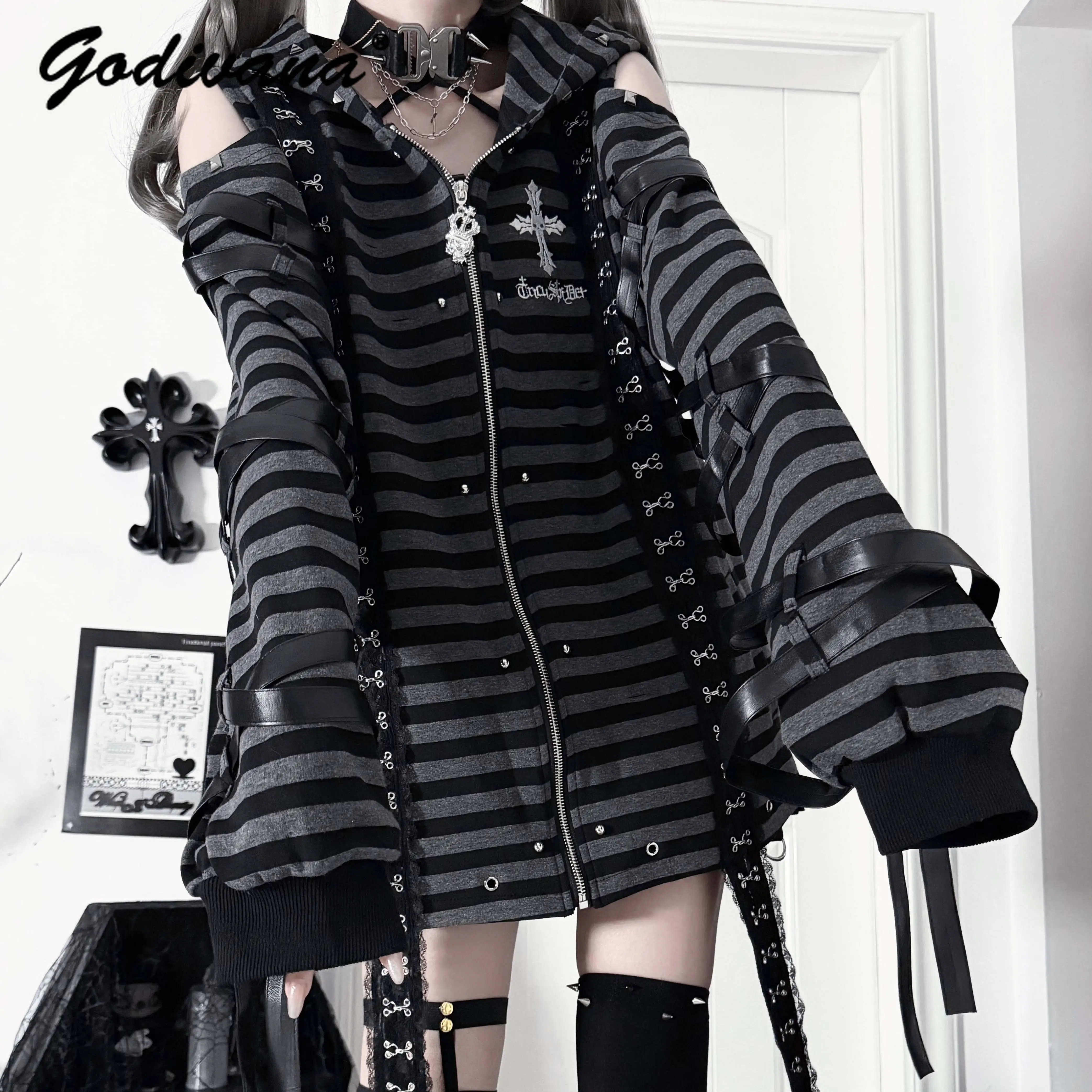 Subculture Off-the-shoulder Leather Striped Oversized Jacket New Autumn Y2k Girl Women's Zip-up Loose Hoodie Coat Outwear