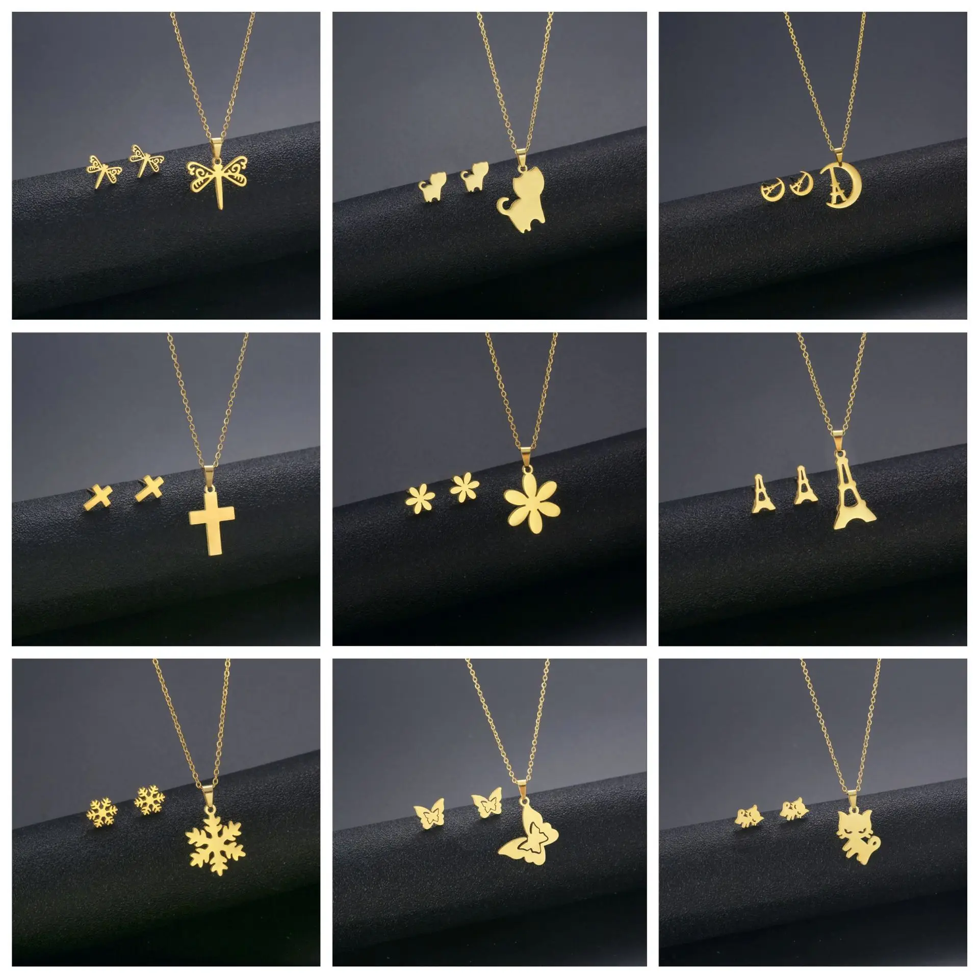 

New fashion flower dragonfly earrings necklace set personality simple temperament stainless steel clavicle chain ear accessories