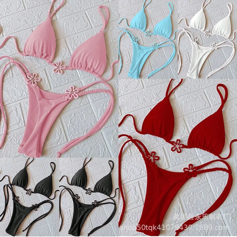 Woman 2026 Bikini Triangle Top Pink Thong Bottom Bikinis Flower Charm Braided Strap Swimwear Red Black Two Piece Swimsuit