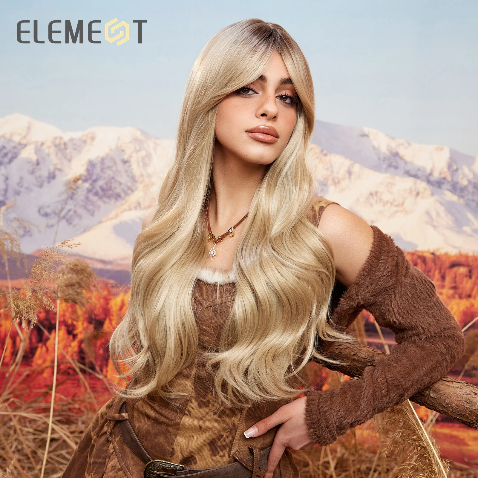 Element Synthetische Lange Golvende Krullend Ombre Blonde Kleur Pruik Haar Met Kant Knal Voor Vrouwen Dames Hittebestendig Feest Dagelijks Haar