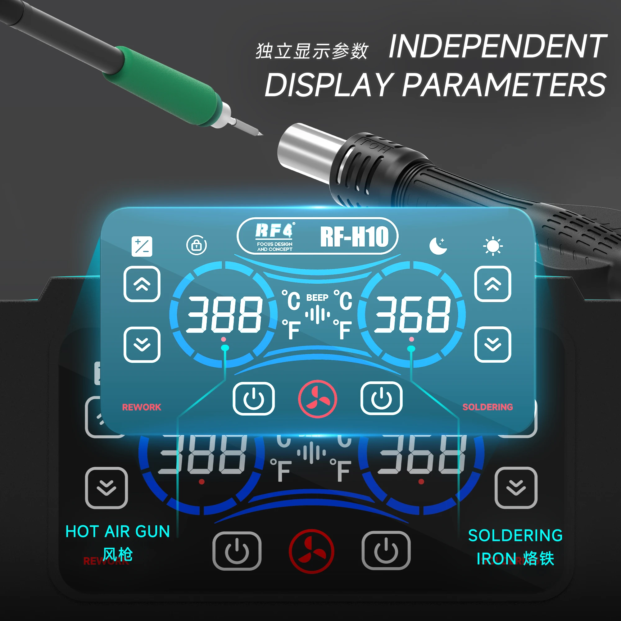 RF4 RF-H10 2 in 1 Soldering Station Hot Air Blower Independent Dual Screen Temperature Control Rapid Heating Precise Operation