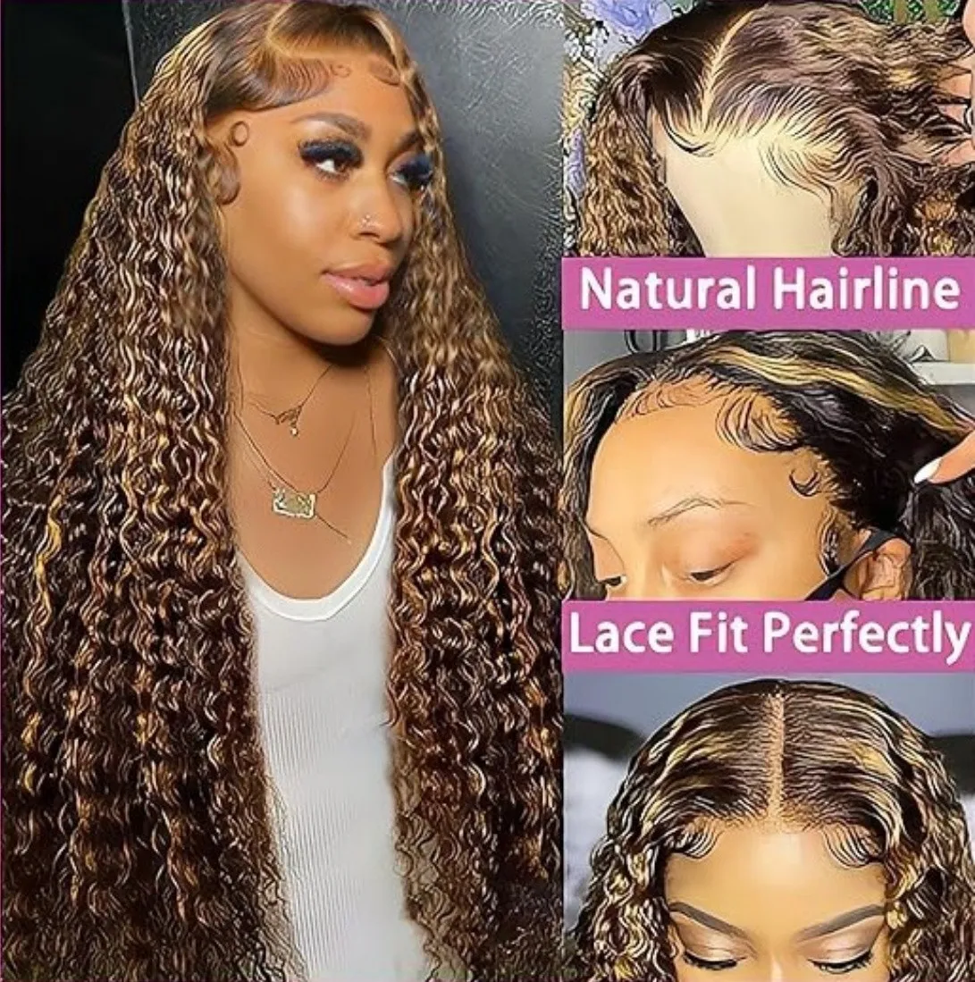 Pelucas frontales de encaje degradado, cabello humano HD rubio miel 4/27, onda profunda, 13x4, 34 pulgadas, prearrancado
