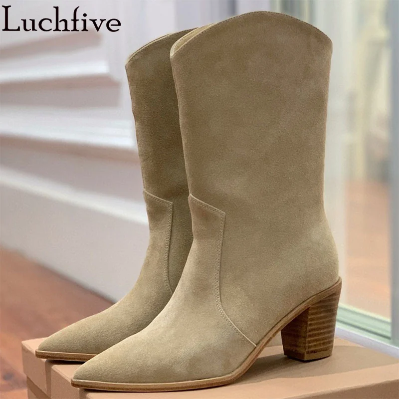 

Luxury Classic Chelsea Boots for Women Pointy Toe Slope heel Suede leather Mid Calf Punk Boots Nude Cowboy Knight Boots female