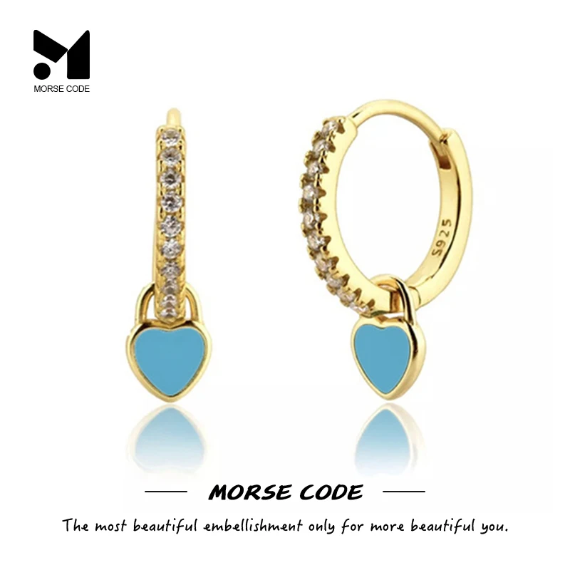 MC 스털링 실버 허기 귀걸이, 에나멜 핑크 블루 블랙 화이트 레드 하트 펜던트 Pendientes Plata 925 New Women Ear Hoops 