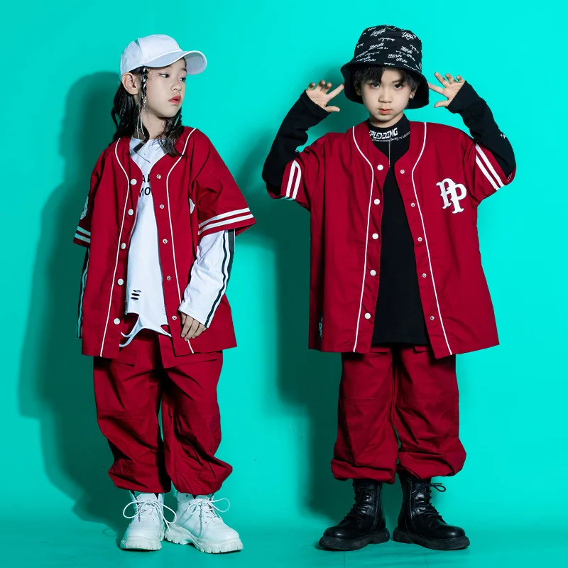 Kids Teenage Streetwear Hip Hop Clothing Red Shirt Tops Casual Cargo Jogger Pants For Girl Boy Jazz Dance Costume Rave Clothes