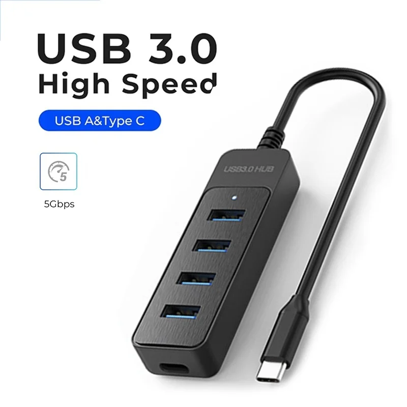 Hub USB 3.0 com 4 Portas Tipo C, Adaptador Expansor de Energia Multifuncional Tipo C para Laptop e PC