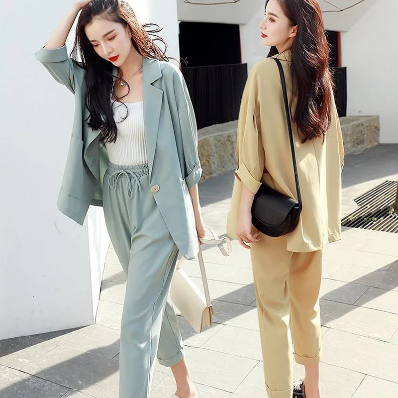 New Spring Autumn Suit for Female Elegant Working Sets Korean Sets Formal Wear 2022 Women Khaki Blazer Long Pant Two Pieces Sets