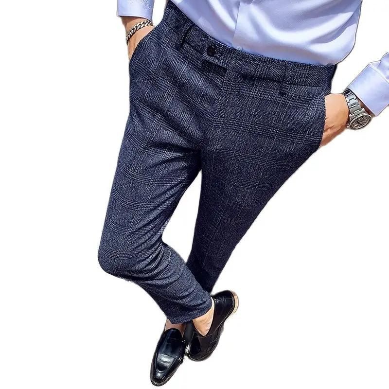 

Темно-коричневые мужские брюки в клетку, деловые повседневные брюки, азиатский размер 29-38, синие и серые брюки.