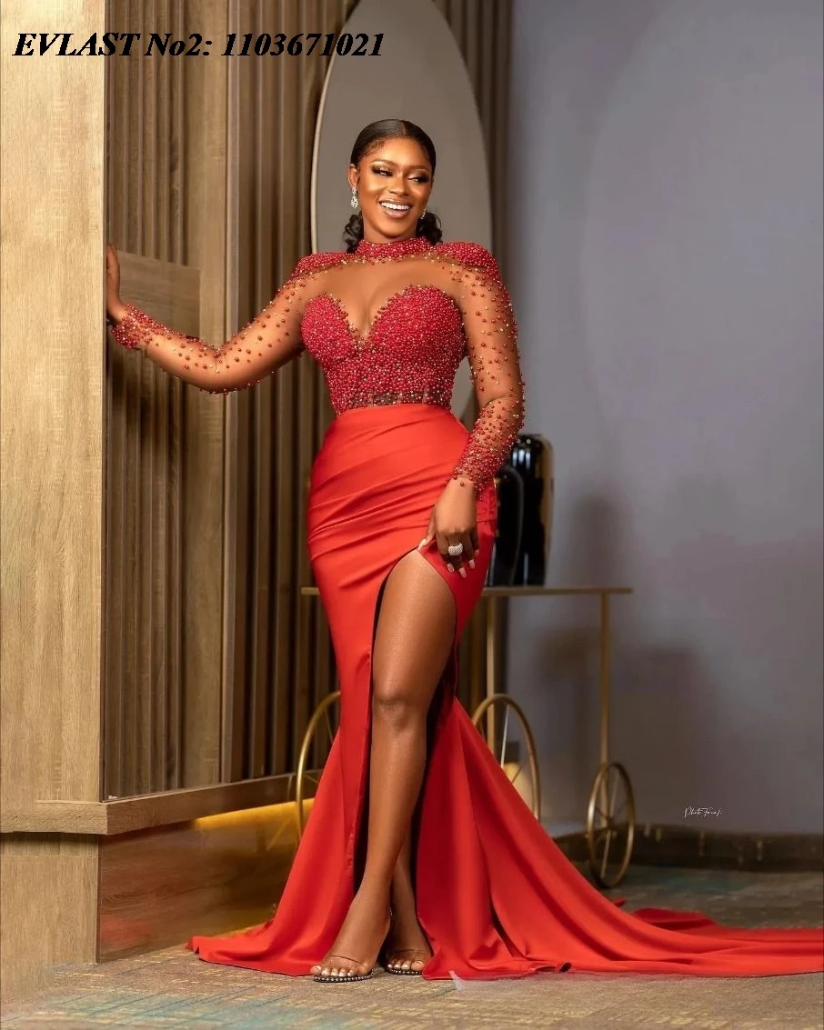 

EVLAST Customized 2026 Aso Ebi Red Mermaid Prom Dress African Crystals Beaded High Slit Party Evening Gown Robe De Soiree E2P94
