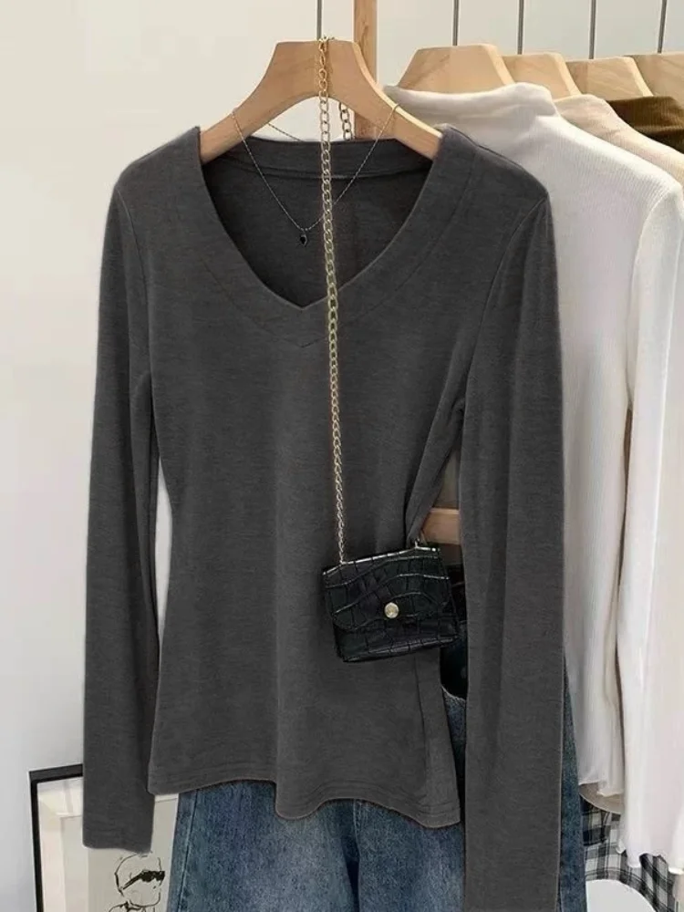 

Женская футболка V-Ne Long Sve, хлопок, 95% Base irt, облегающая, универсальная внутренняя одежда, весна-осень, большие размеры, моя