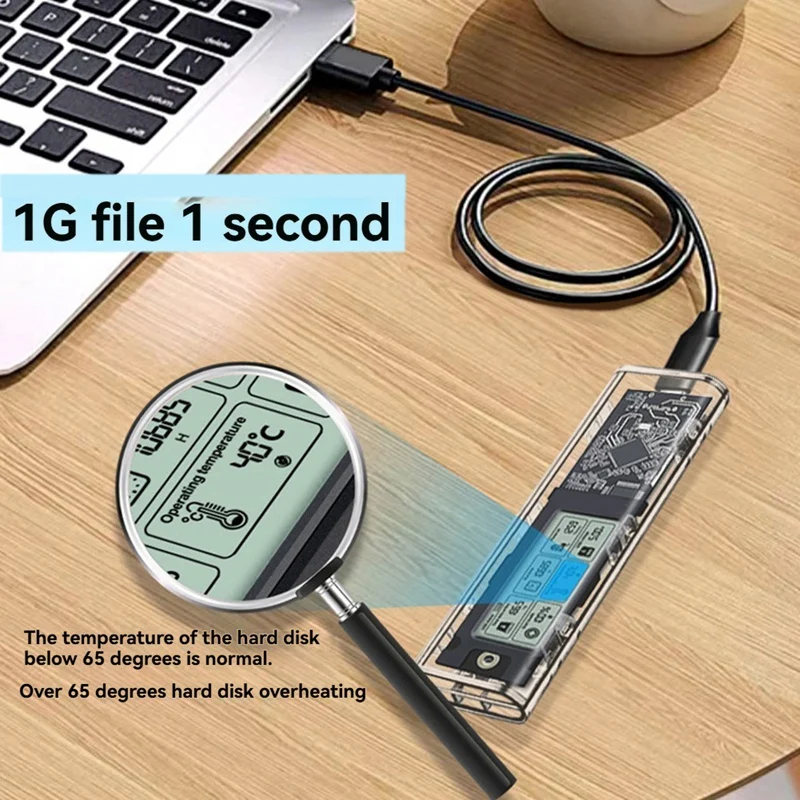 M.2 NVME/NGFF Dual Protocol SSD Enclosure Transparent Hard Drive Case USB3.2 With Intelligent Display SATA SSD Adapter