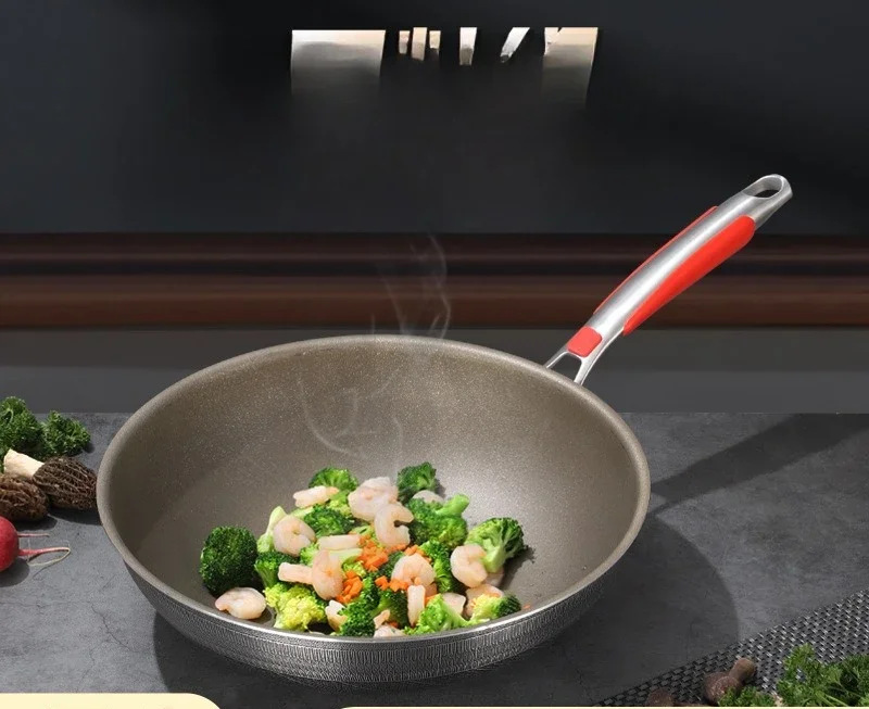 HYS pure titanium composite multi-layer bottom non-stick pan wear-resistant multi-stove suitable for wok smoke-free  wholesale