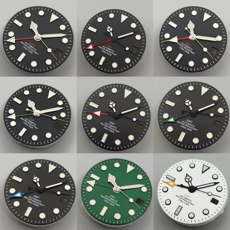 GRAMOCK 29mm NH34 Watch Dial GMT Four Hands Green Luminous Watch Dial for NH34 Movement Modified Dials Replacement Watch parts