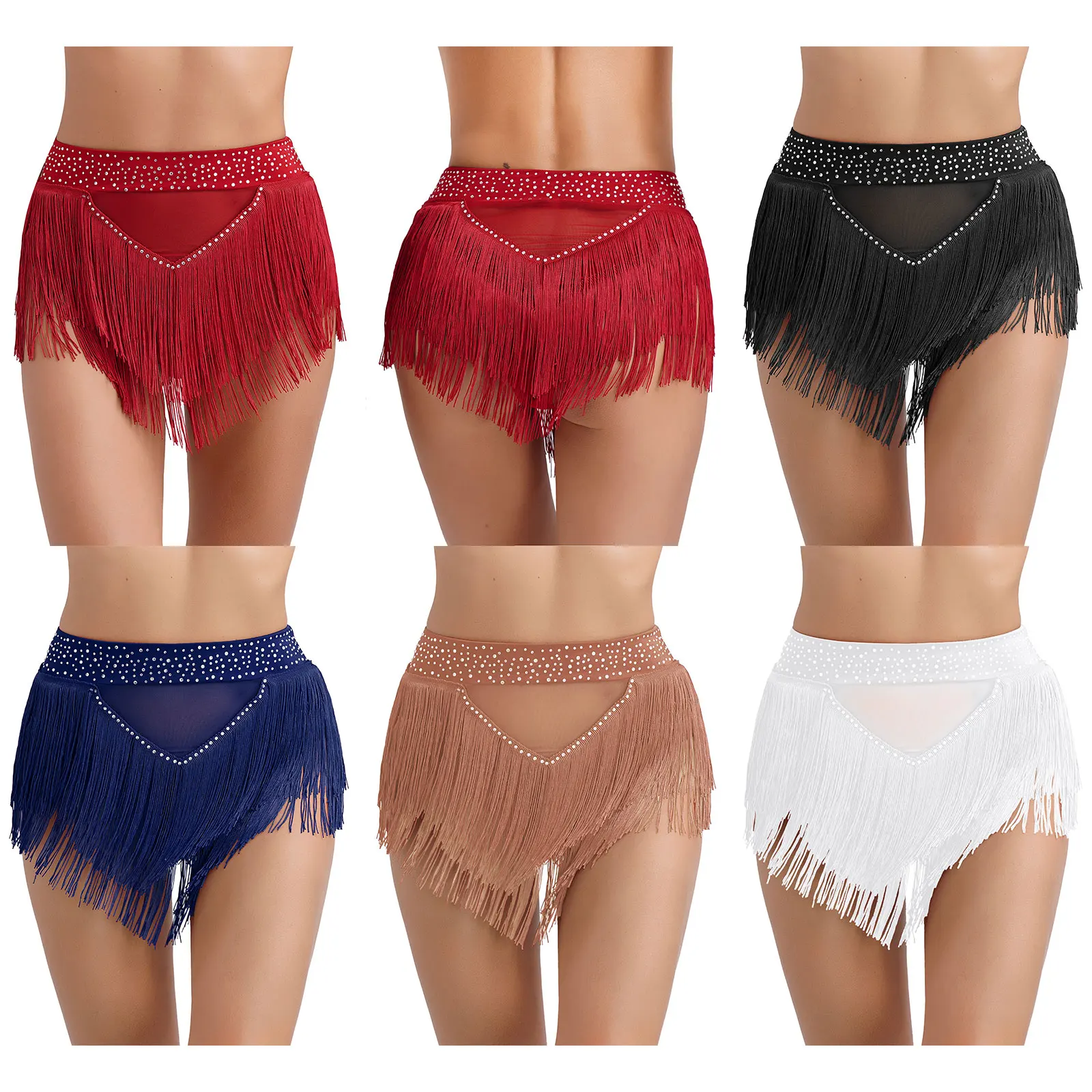 Women Tassel Belly Dance Shorts Samba Jazz Latin Cha-cha Dancewear Rhinestone See Through Briefs Underwear for Stage Performance