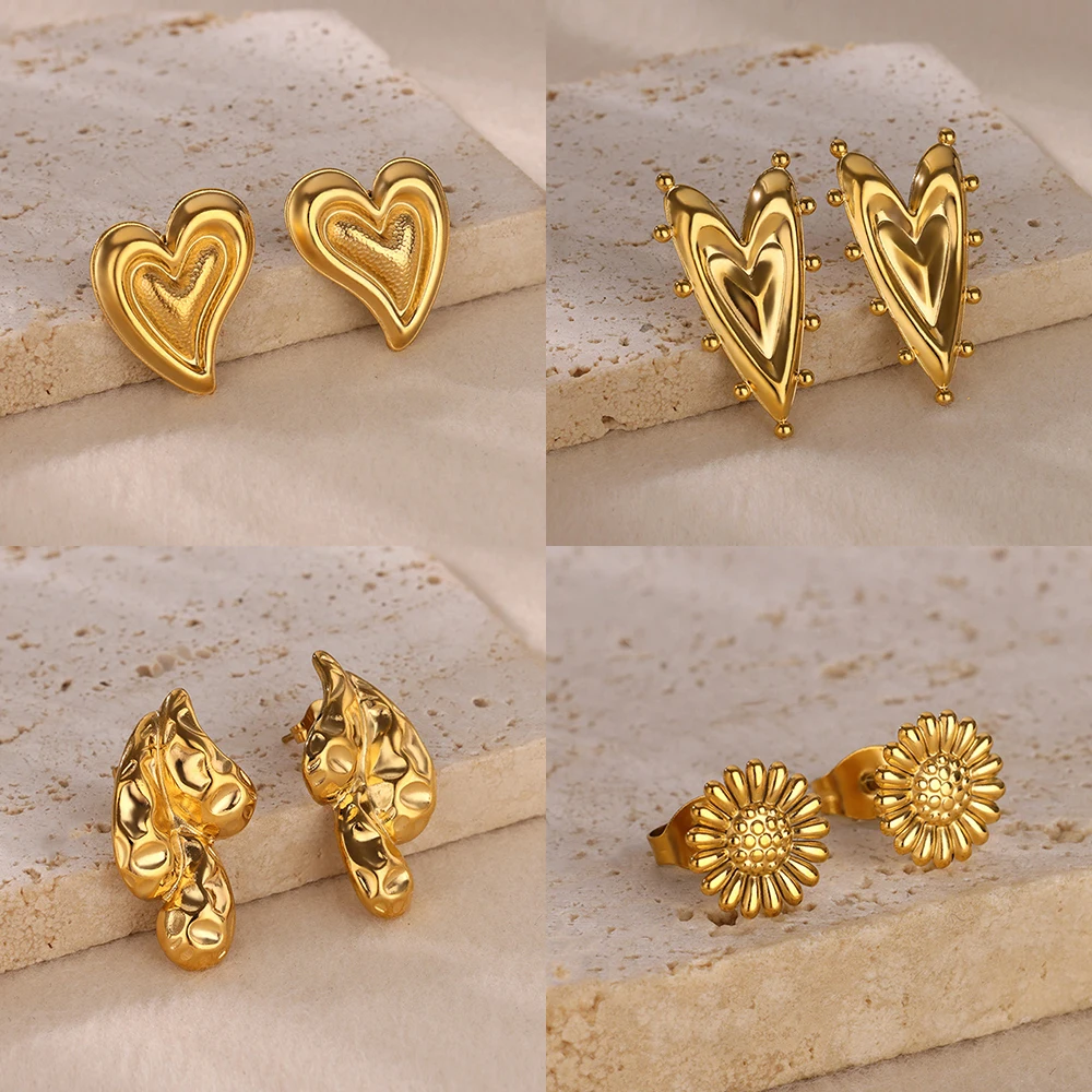 

Vintage Gold Color Heart Flower Stud Earrings for Women Fashion Stainless Steel Piercing Ear Accessories Trendy Jewelry Gift