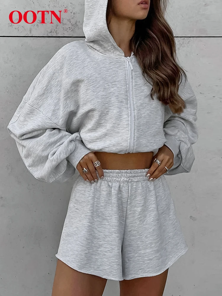 OOTN Gray Streetwear Sweatsuits Sweater Zipper Hooded And Baggy Shorts Two Pieces Sets Sporty Autumn 2024 Sweatshirts 2-Piece