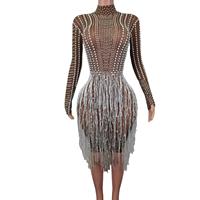 Sparkly Rhinestones Pearls Fringe Dress for Women Sexy Mesh Fringe Birthday Celebrate Dresses Party Queen Show Stage Wear Dabai