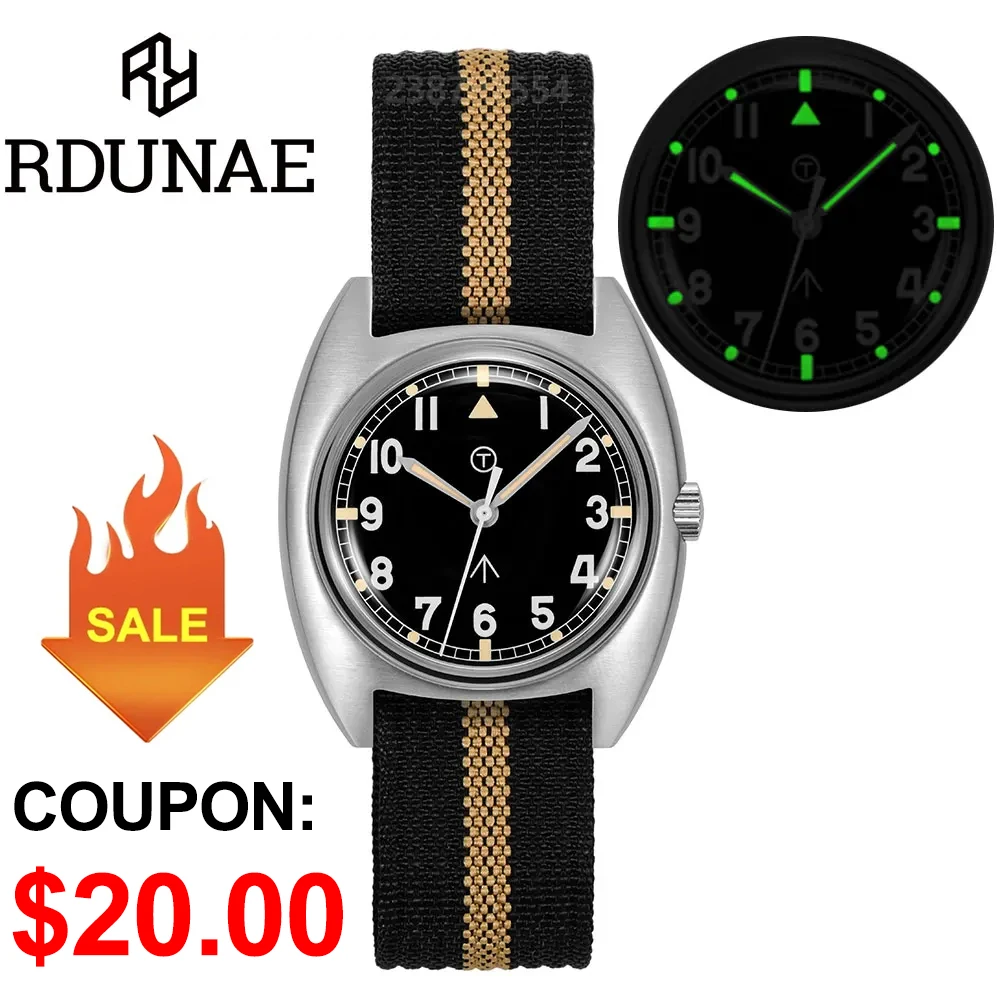 RDUNAE RA02 Military Quartz Watch K1 Mineral Glass Stainless Steel Luminous Watches Vintage G10 36mm Men Wristwatch reloj hombre