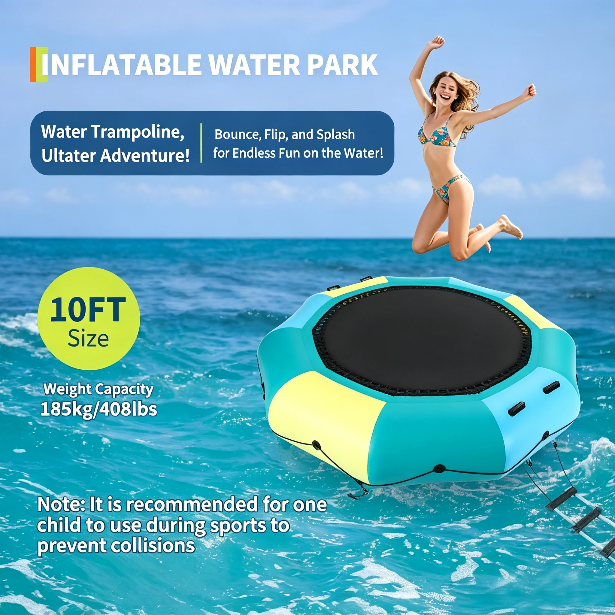 

10FT Inflatable Water Trampoline Recreational Water Bouncer w/Electric Inflator, Rope Ladder, Mooring Ropes, Anchor, Adults Youth Bounce Swim Platform for Lakes, Pools