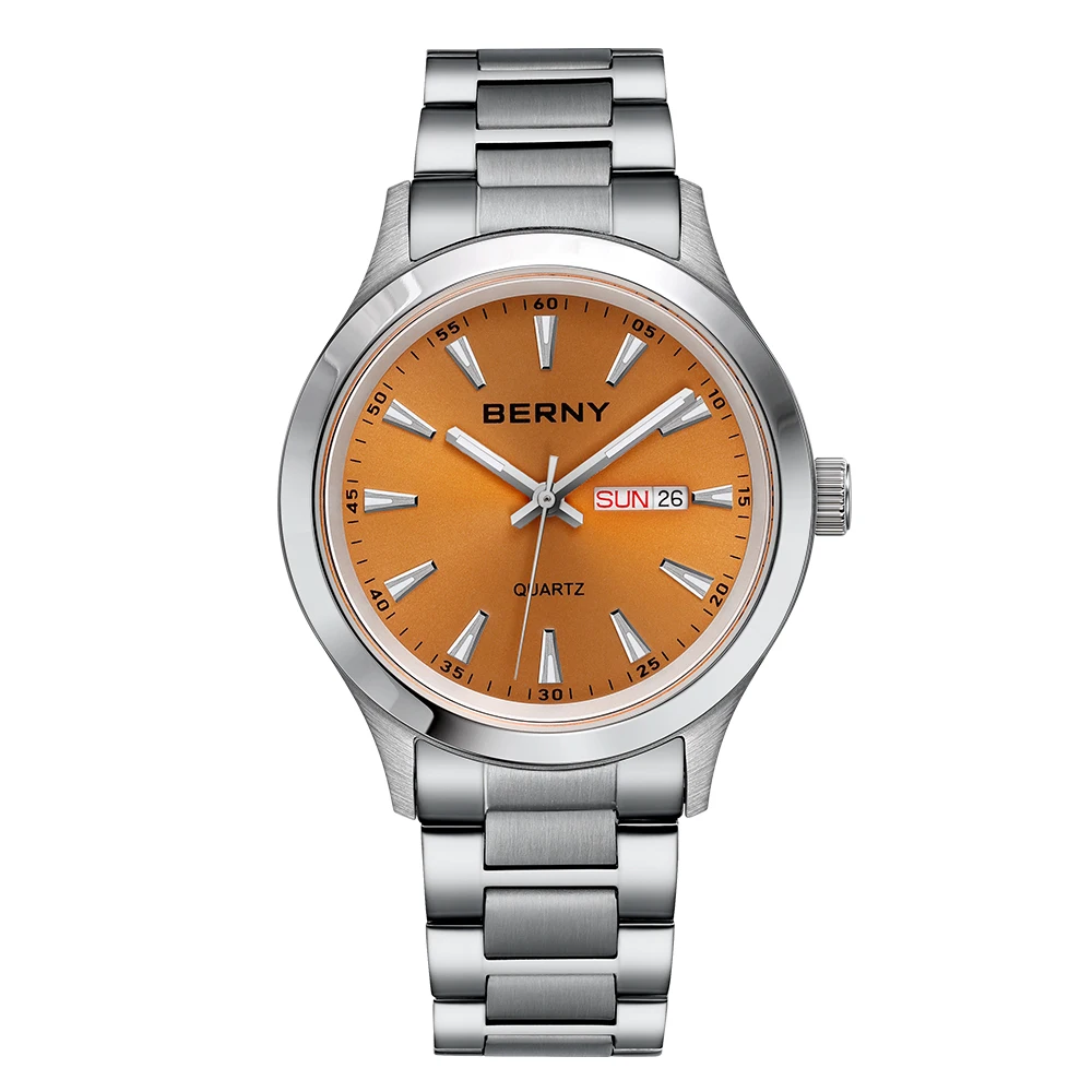 BERNY Herrenuhr, leuchtend, Woche, Datum, Kalender, Quarzuhren für Herren, Edelstahl, weiches Silikon, Kleid, Business-Armbanduhr