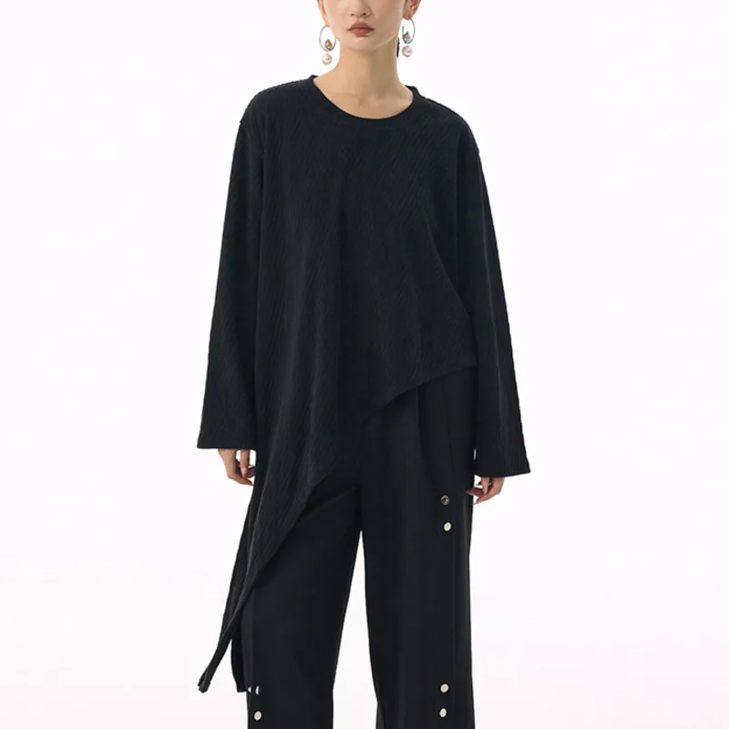 HKSH Primavera Autunno Nuove Donne Magliette e camicette Design Asimmetrico Colletto Rotondo Maniche Lunghe Twill Split Chic Alla Moda Elegante Casual HK16077