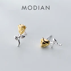 Modian Gold Color Rose Flower Jewelry For Women Charm Tree Leaf Classic Real 925 Sterling Silver Fashion Stud Earrings Gift