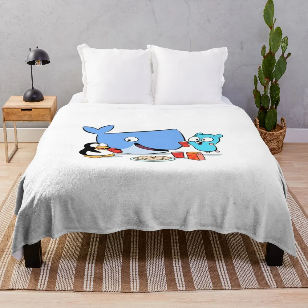 Docker Whale, Golang Gopher and LinuxTux Picnic Throw Blanket Soft For Sofa Thin Loose Plush Blankets