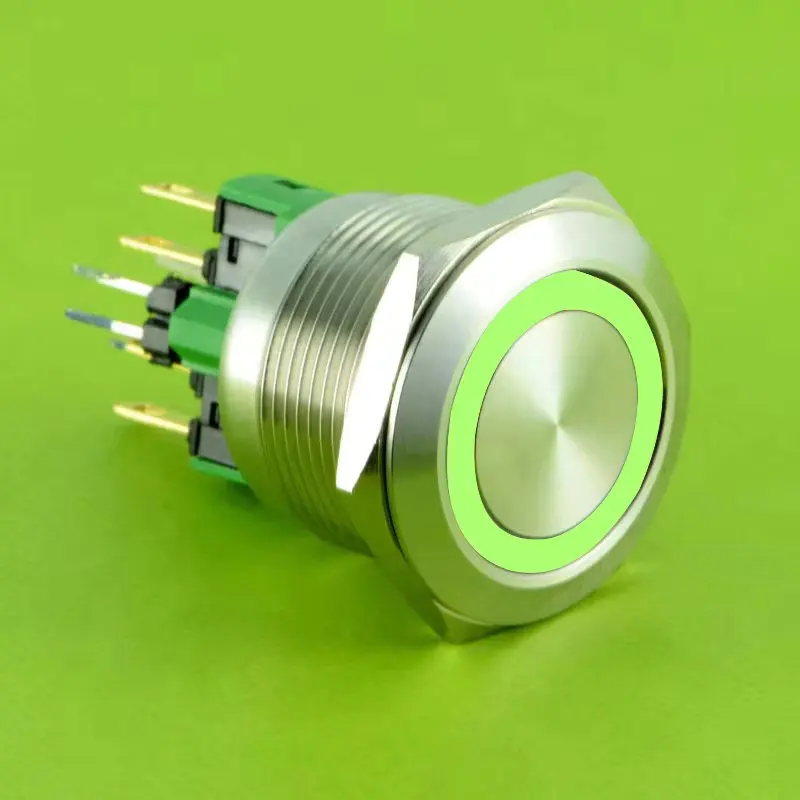 ELEWIND 22 مم ألومنيوم أسود/فولاذ مقاوم للصدأ RGB LED مفتاح بـزر دفع، 3 ألوان حلقة، مؤقتة، 12 فولت (PM221F-11E/RGB/12V/S)
