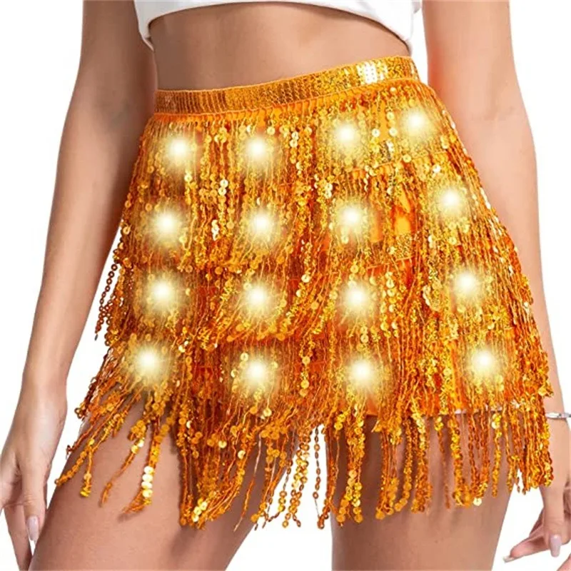 Light Up Hip Scarf Star Fringe Shiny Belly Dance Costume Accessories Led Rave Sequin Tassel Skirts for Festival Show Carnival