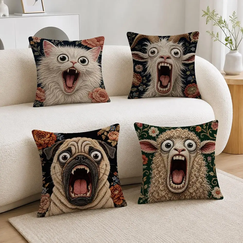 Pattern 2D Funny Animals Screaming Cushion Cover Soft Plush Cushion Covers Fluffy Throw Pillow Cases for Sofa Bedroom Home Decor