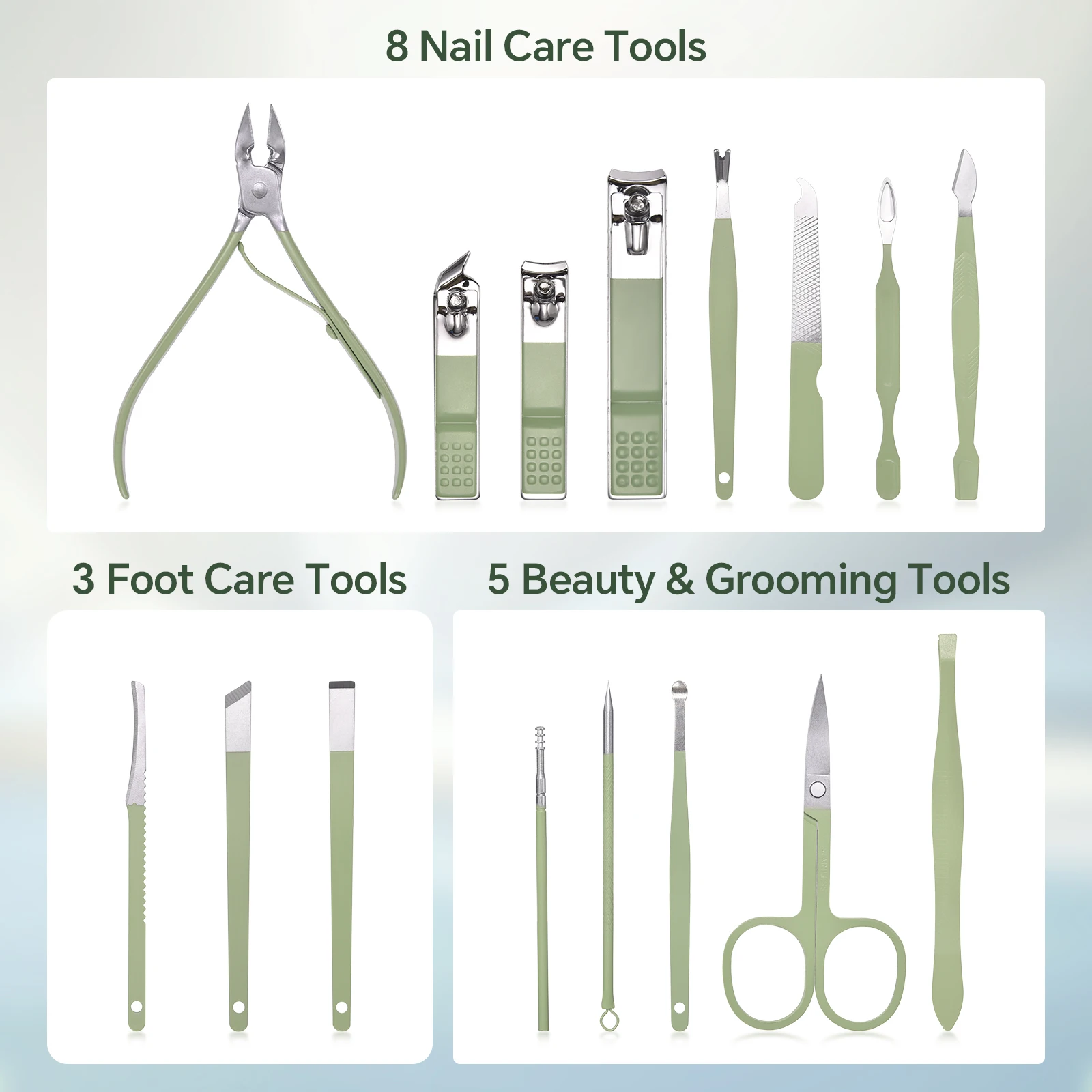 Juego de cortaúñas de acero inoxidable, Kit de manicura y pedicura verde, Funda de cuero PU portátil, herramienta para quitar cutículas, 16 Uds.