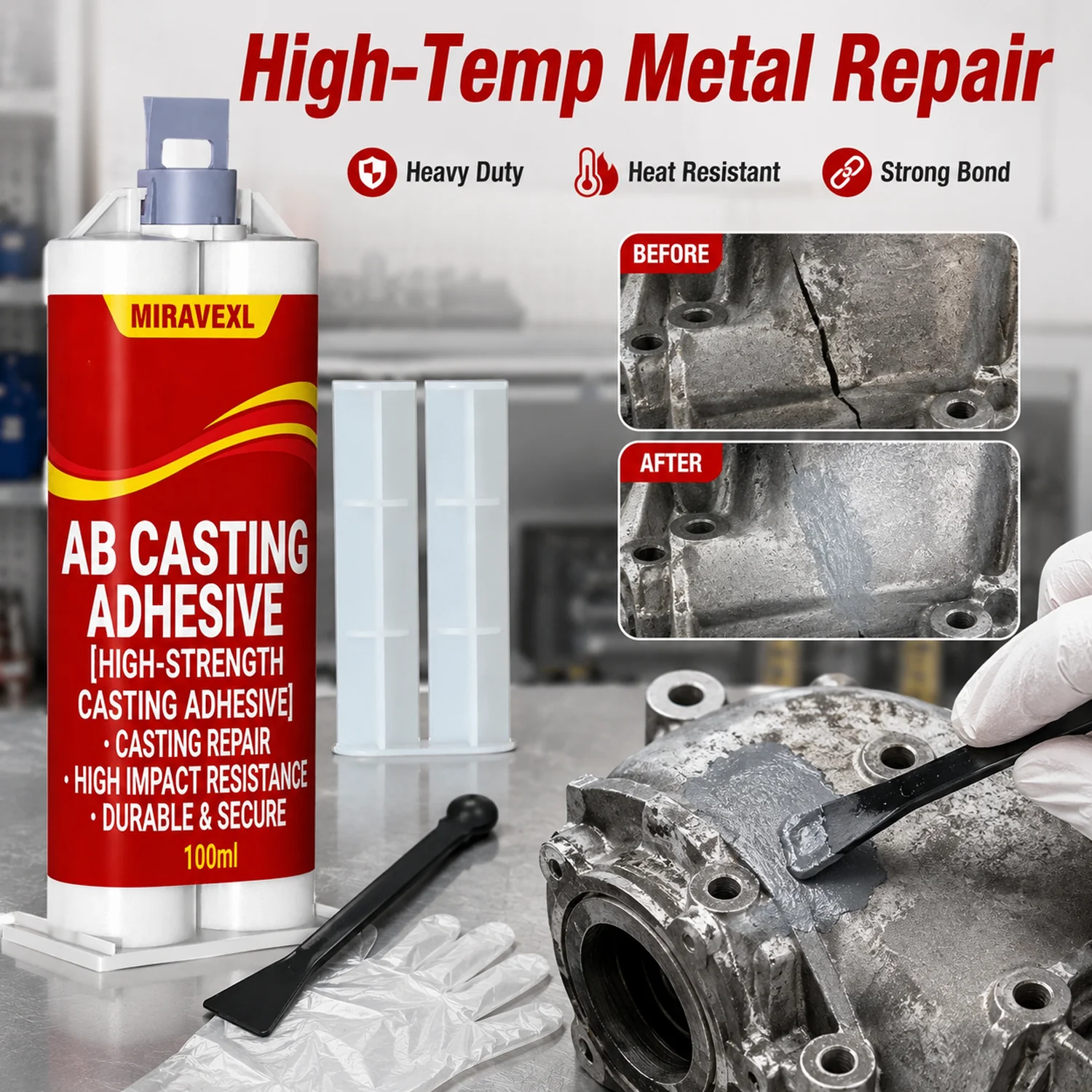 Heavy Duty High Temp Metal Repair Paste Strong Liquid Welding Filler AB Casting Adhesive Kit With Scraper Gloves & 2 Nozzles