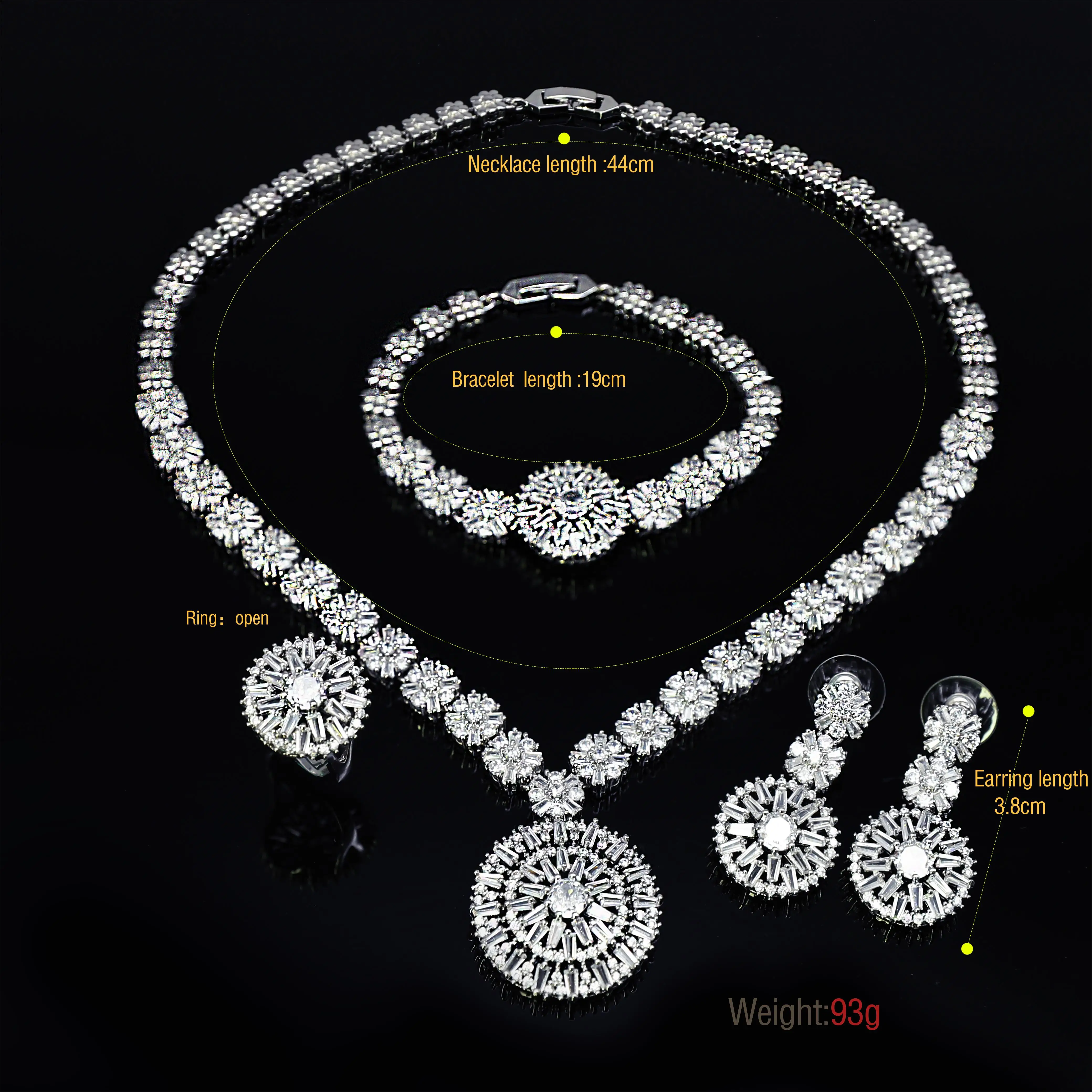 Elegant Women\'s Wedding Jewelry African Zirconia Round Bridal Necklace Bracelet and Earring Set Bracelet Ring 4-piece Set