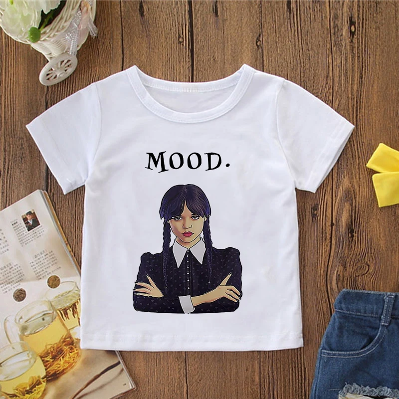 

Boys T-shirts Wednesday Addams Funny Cartoon Printed Y2k Girls Tees Children Tops Short-sleeve Clothes For Summer Kids Outfit