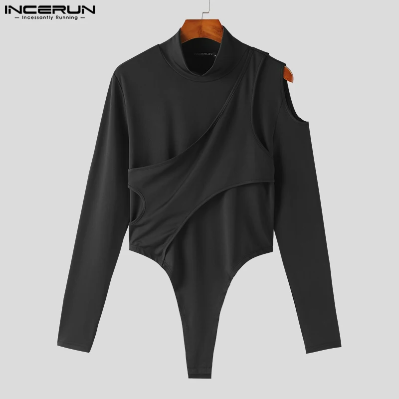 INCERUN 2024 Sexy Mens Bodysuits Half High Neck Solid Shoulder Hollowed Rompers Stylish Male Thimble Long Sleeve Jumpsuits S-3XL