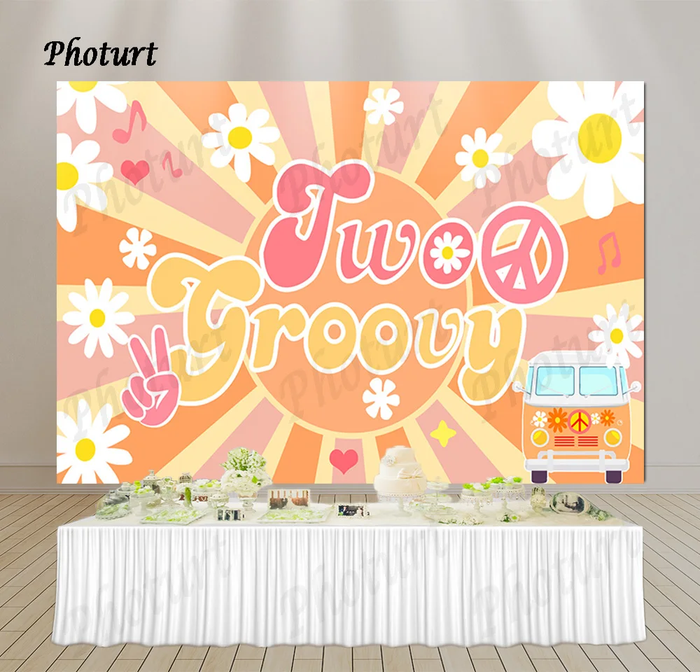 PHOTURT Two Groovy Retro Hippie Backdrop Kids Birthday Background Sign Flower Vinyl Polyester Photography Decoration Props