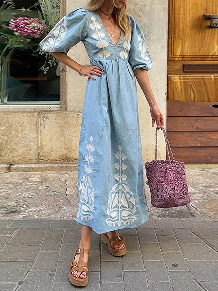 Women Loose V-neck Half Puff Sleeve Print Backless Maxi Dress Lace Up Female Robes 2024 Summer Fashion New Lady Beach Vestidos