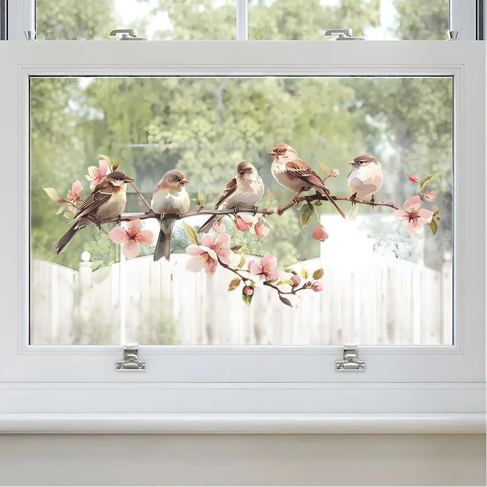 PVC Flower Window Clings Birds Tree Branch Glass Sticker Anti-Collision Decal For Bedroom Restroom Doors Decorative Films