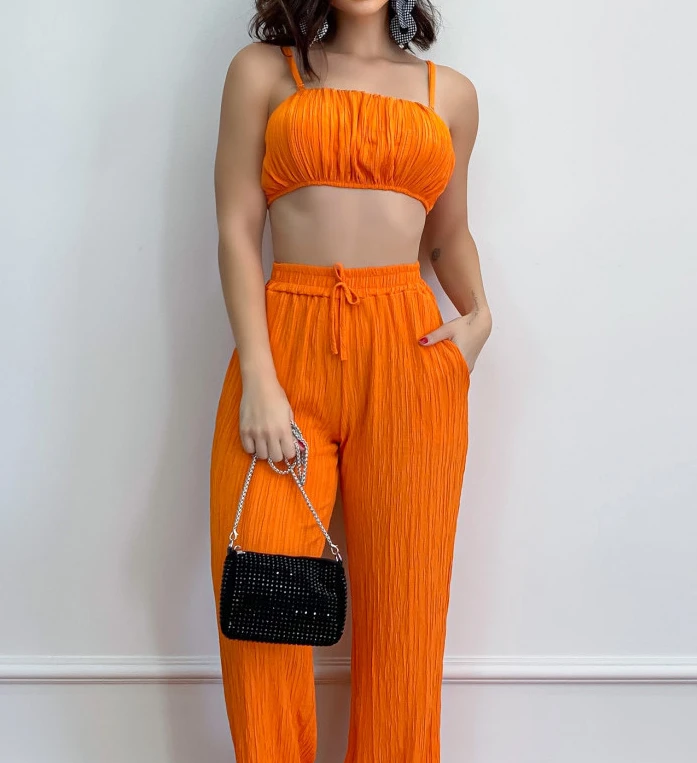 

Two Piece Set Women Outfit 2024 Summer Temperament Elegant Sleeveless Sexy Strap Crop Cami Top & Fashion Drawstring Pants Set