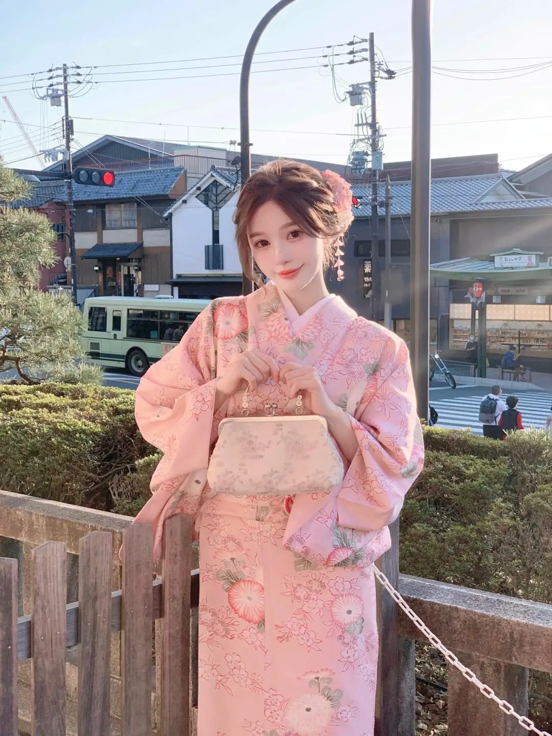 

Pink Sakura Kimono Girl Photography Traditional Japanese Costume Women's Fashion Ethnic Stage Wear Polyester Blend
