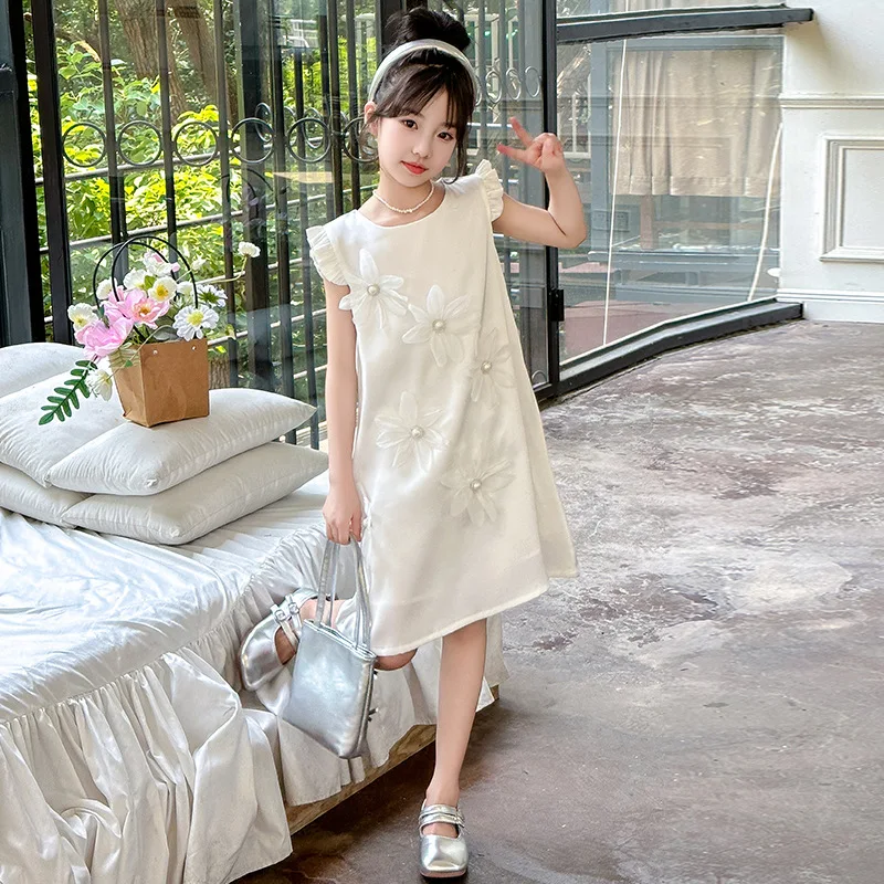 Girls Dress 2024 Summer New Childrens Wear Foreign Sweet Three-dimensional Flower Vest Flying Sleeve Princess Dress Casual image 4
