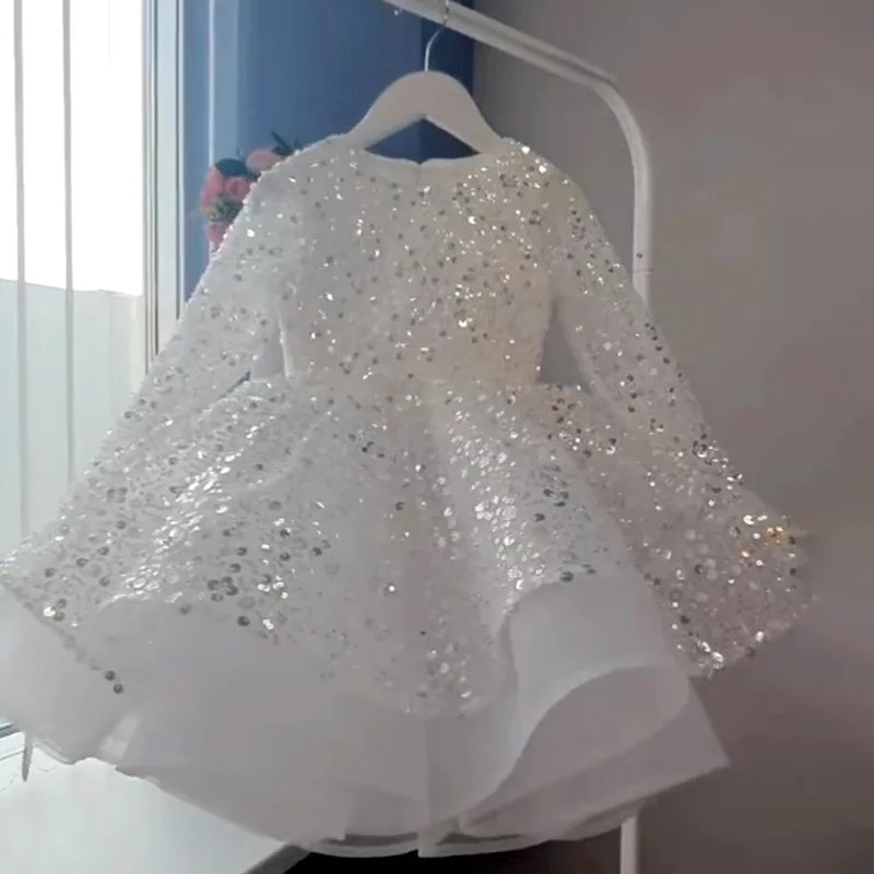 Kids Sequin Birthday Whiete Dress Clothes Flower Girl Tutu Model Piano Performance Costume Children Girls Host Princess Gown
