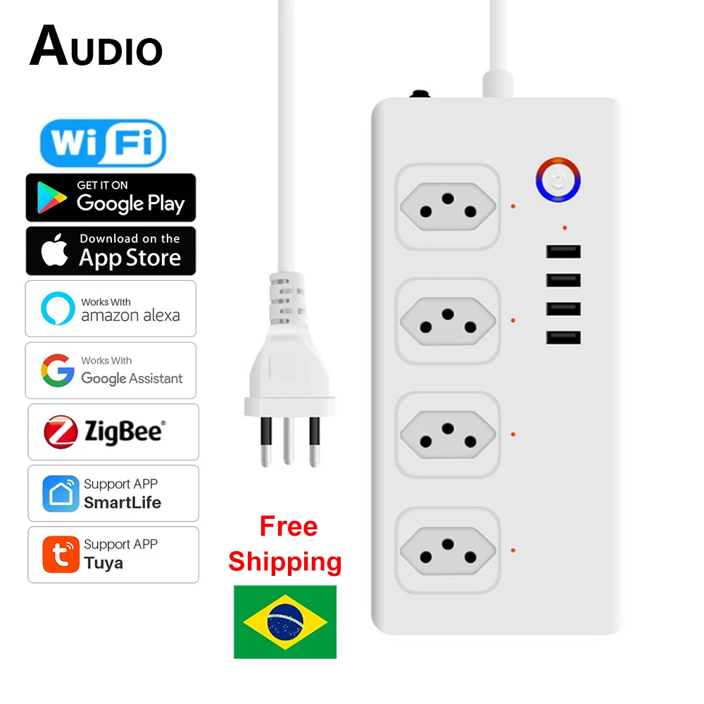 Tuya ZigBee WiFi Brazil Power Strip Smart Plug Power Strip Extension Cord Surge Protector Smart Home Socket Works Alexa Google